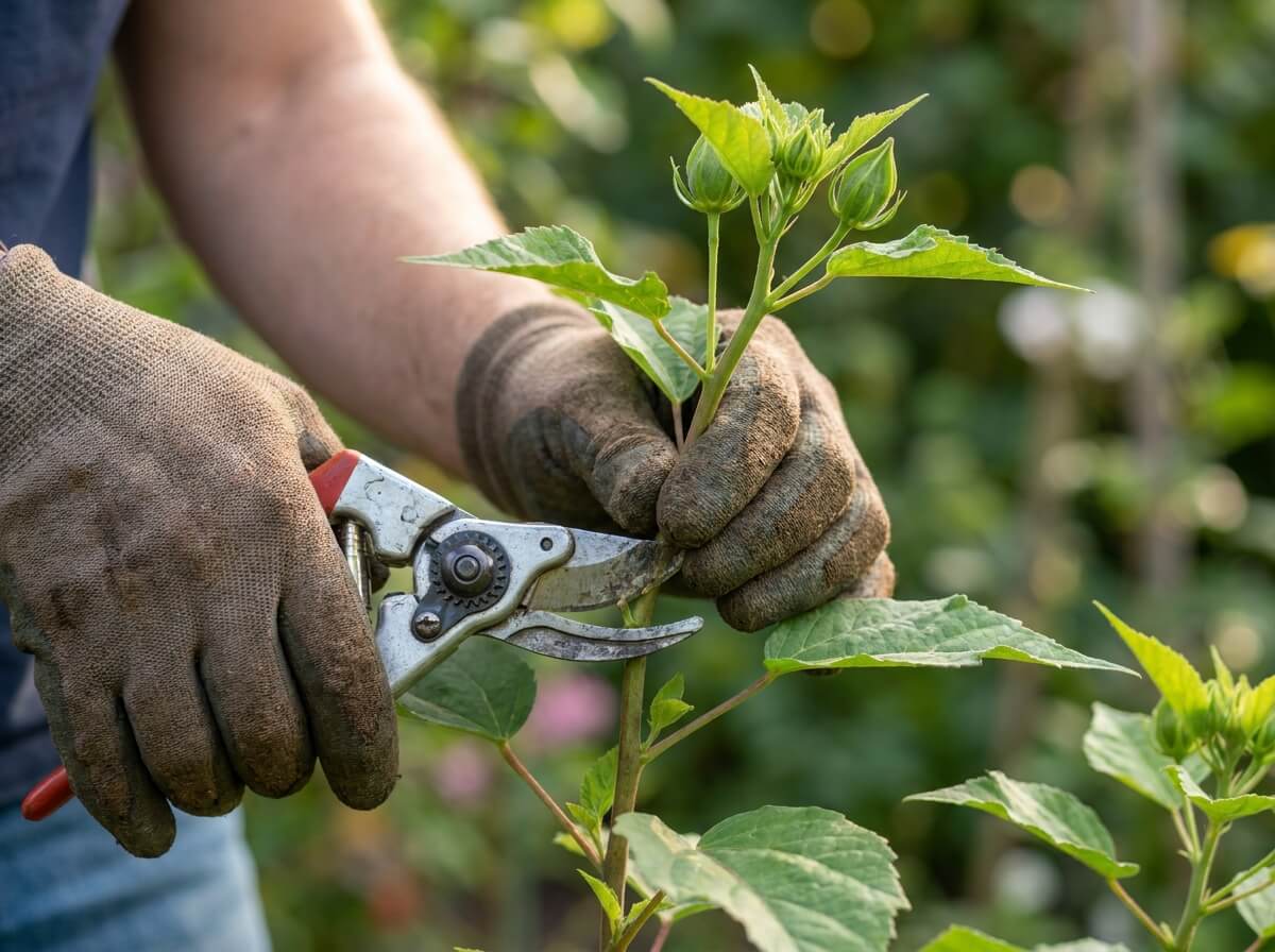 Mains prélevant une bouture de tige d'hibiscus des marais avec un sécateur propre