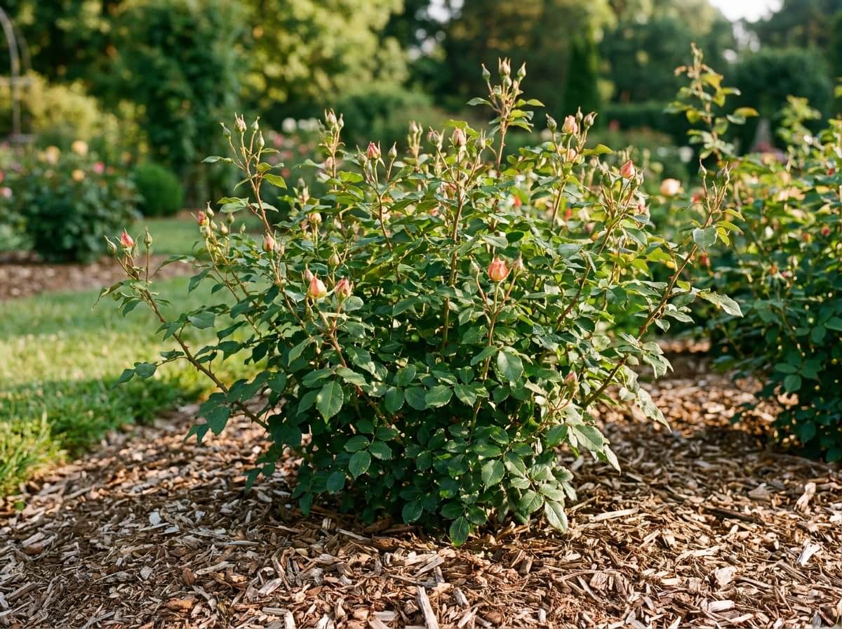 Rosier buisson au pied nettoyé et paillé, boutons floraux en formation en fin d'été