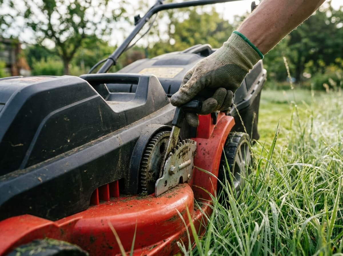 Main réglant la molette de hauteur de coupe d'une tondeuse sur le cran 7 cm
