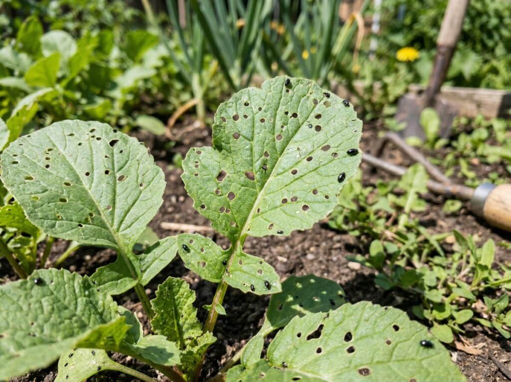 Feuilles de radis criblées de petits trous ronds par les altises dans un potager d'été ensoleillé