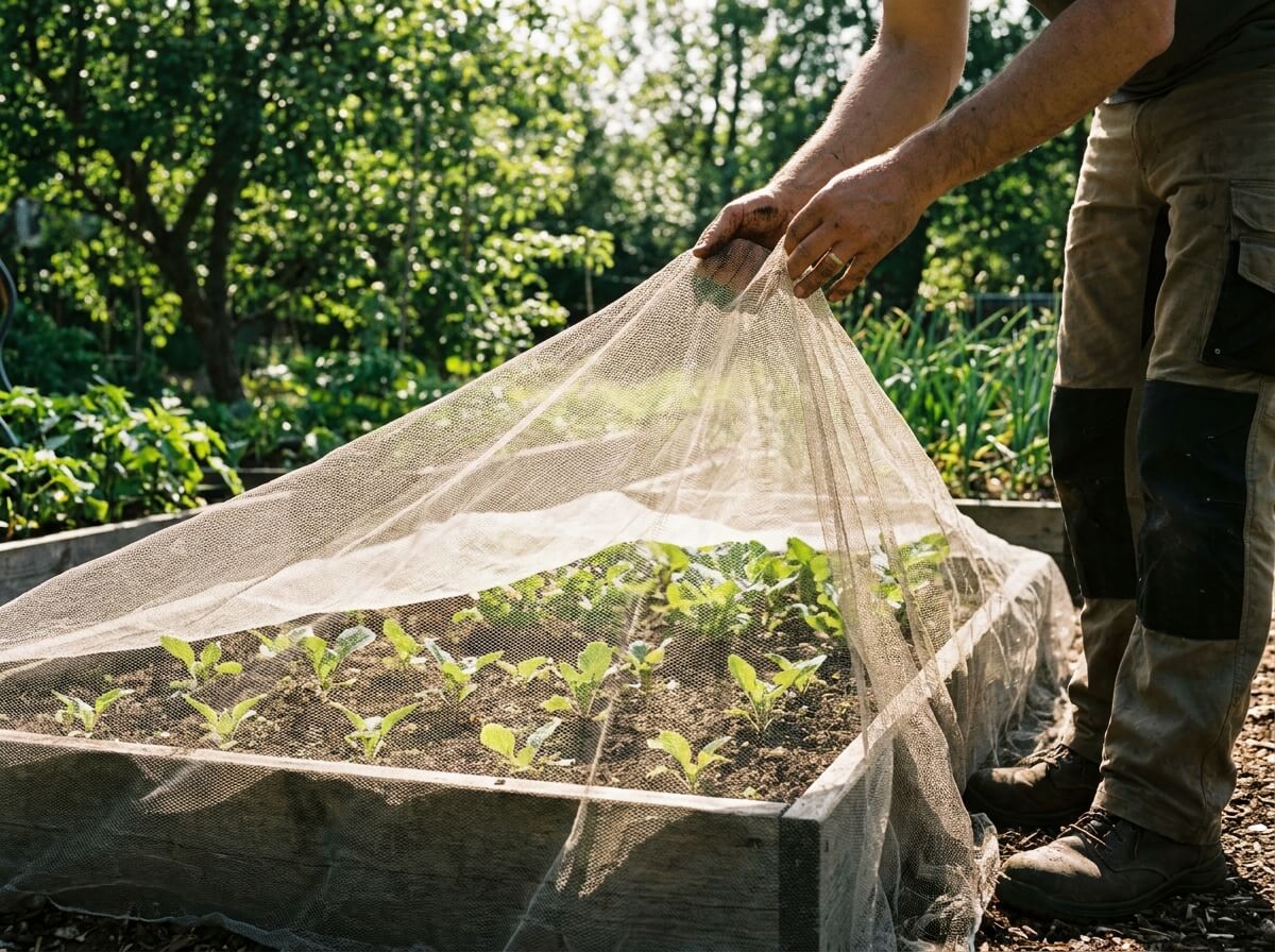 Jardinier posant un voile anti-insectes fine maille sur une planche de jeunes semis au potager