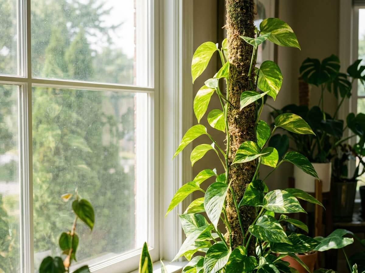 Jeune pothos doré aux longues lianes panachées grimpant sur un tuteur mousse près d'une fenêtre