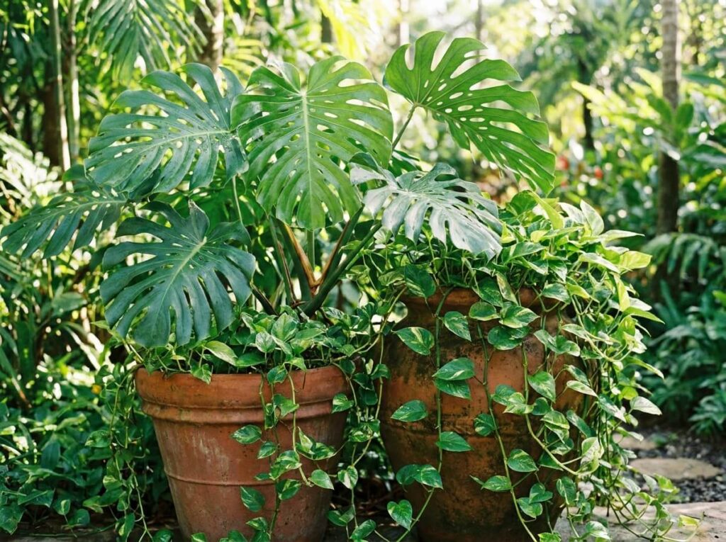Monstera et pothos côte à côte en pot, feuillage vert brillant et lianes retombantes en été