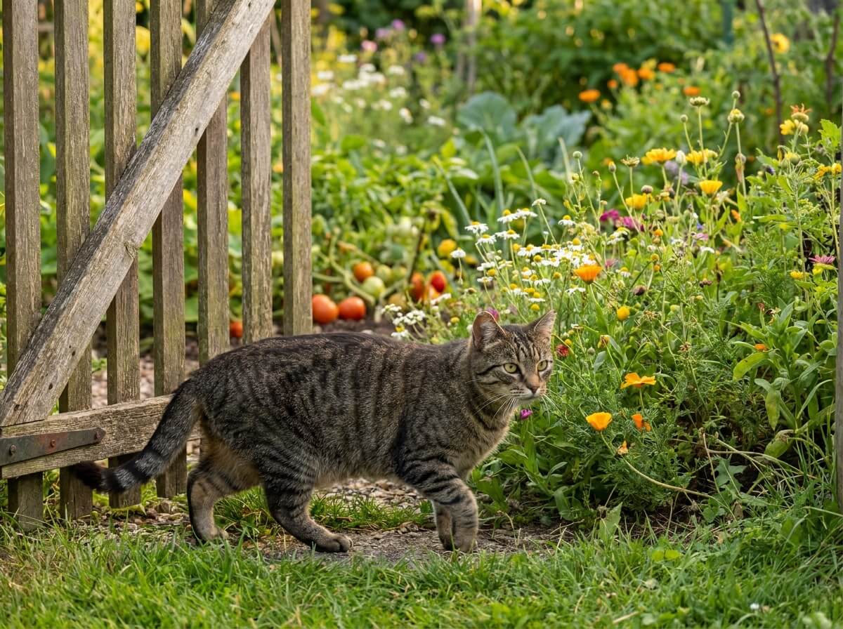 Chat glissant sous un portail entrouvert en bordure de potager en fin d'été