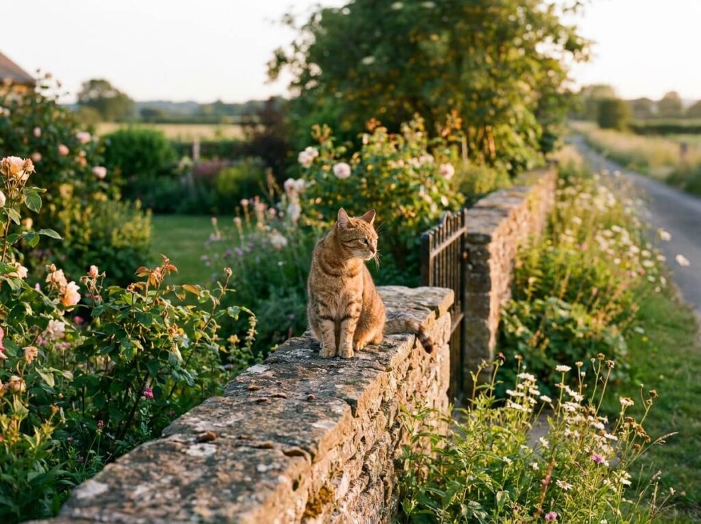 Chat assis sur un muret de jardin au crépuscule, oreilles orientées vers l'extérieur du terrain