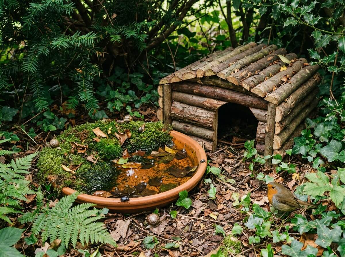 Coupelle en terre cuite remplie d'eau posée à l'ombre d'une haie, refuge en bois pour hérisson à côté