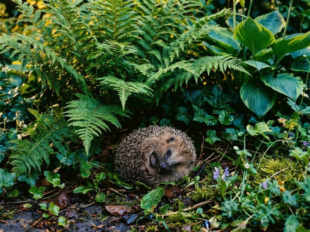 Jeune hérisson roulé en boule sous un massif de feuillage frais au crépuscule, jardin verdoyant