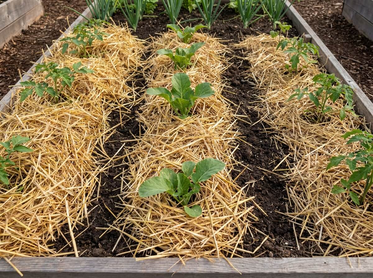 Trois épaisseurs de paille alignées sur un même rang de potager, terre visible entre les zones