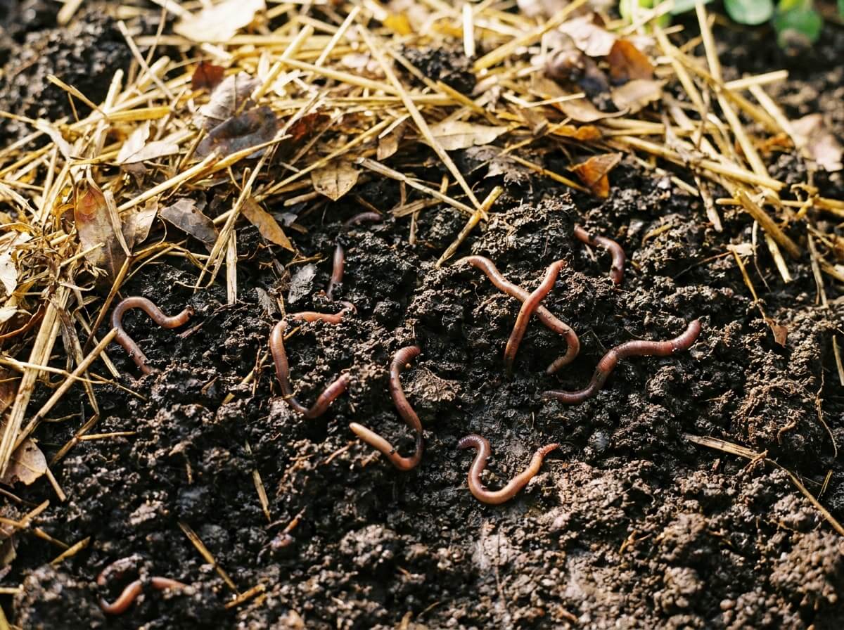 Couche de compost sombre étalée sur un sol argileux, lombric visible et paillis végétal doré