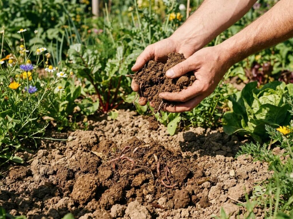 Mains émiettant une terre brune grumeleuse riche en humus au-dessus d'un massif ensoleillé