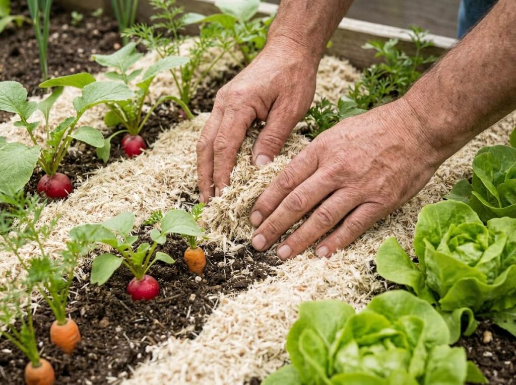 Mains de jardinier étalant un paillis de chanvre beige clair au pied de jeunes légumes au potager