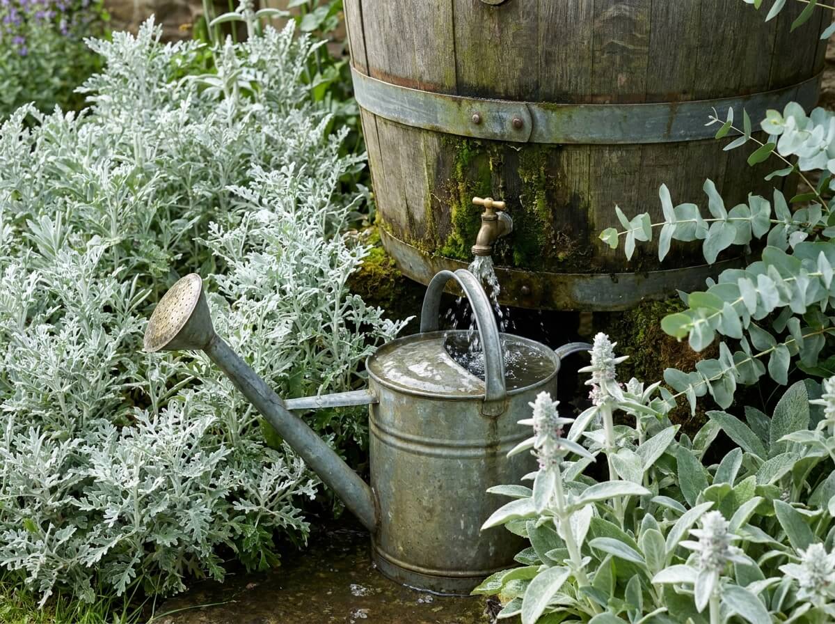 Arrosoir rempli à la sortie d'un récupérateur d'eau de pluie entouré de feuillages argentés