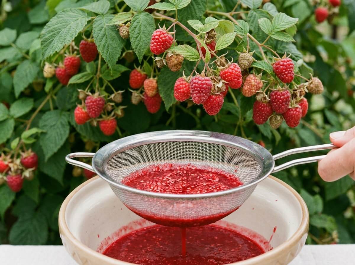 Coulis de framboises passé au tamis fin, pépins retenus dans la passoire au-dessus d'un bol