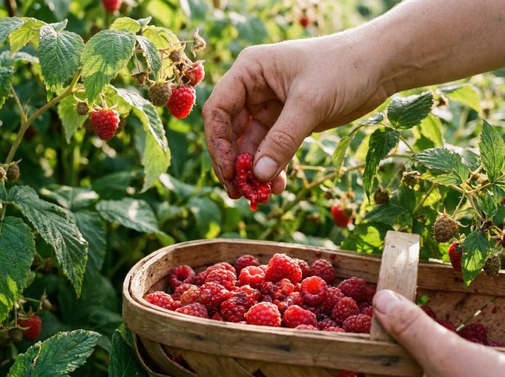 Main cueillant des framboises très mûres au-dessus d'un panier, fruits mous prêts pour le coulis