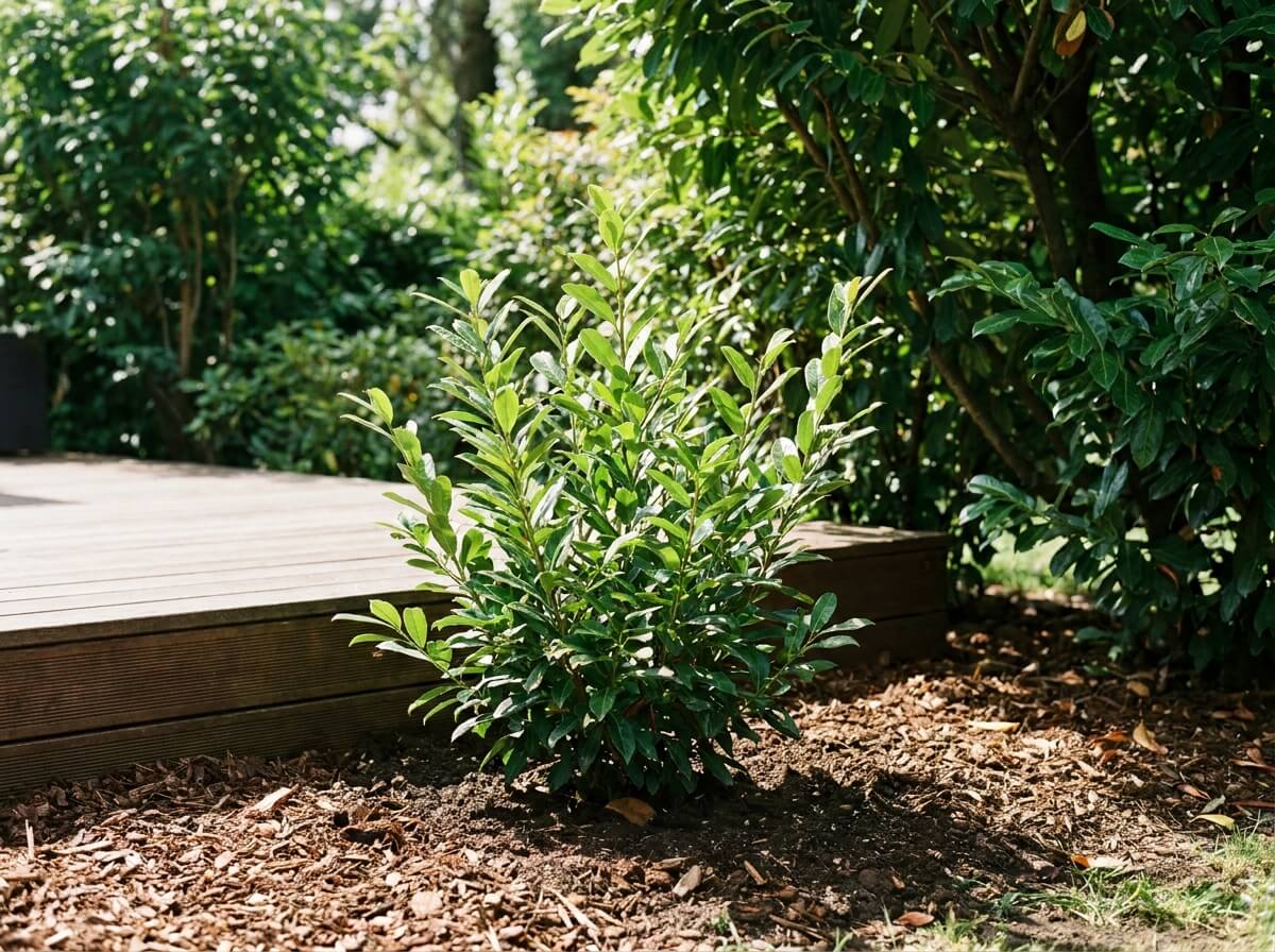 Jeune arbuste à croissance rapide fraîchement planté au pied d'une terrasse