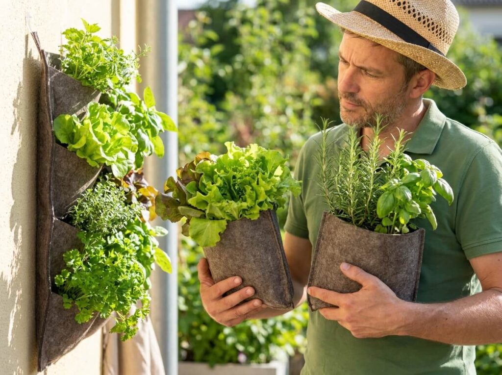Structure verticale en poches de feutre fixée sur un mur de balcon avec salades et aromatiques