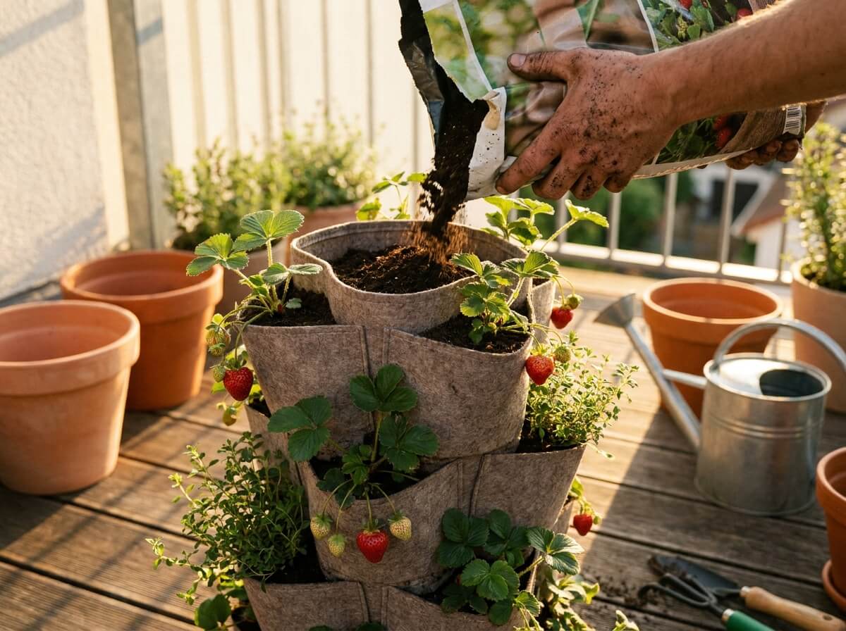 Main remplissant une jardinière étagée de terreau sur une terrasse exposée à l'ouest