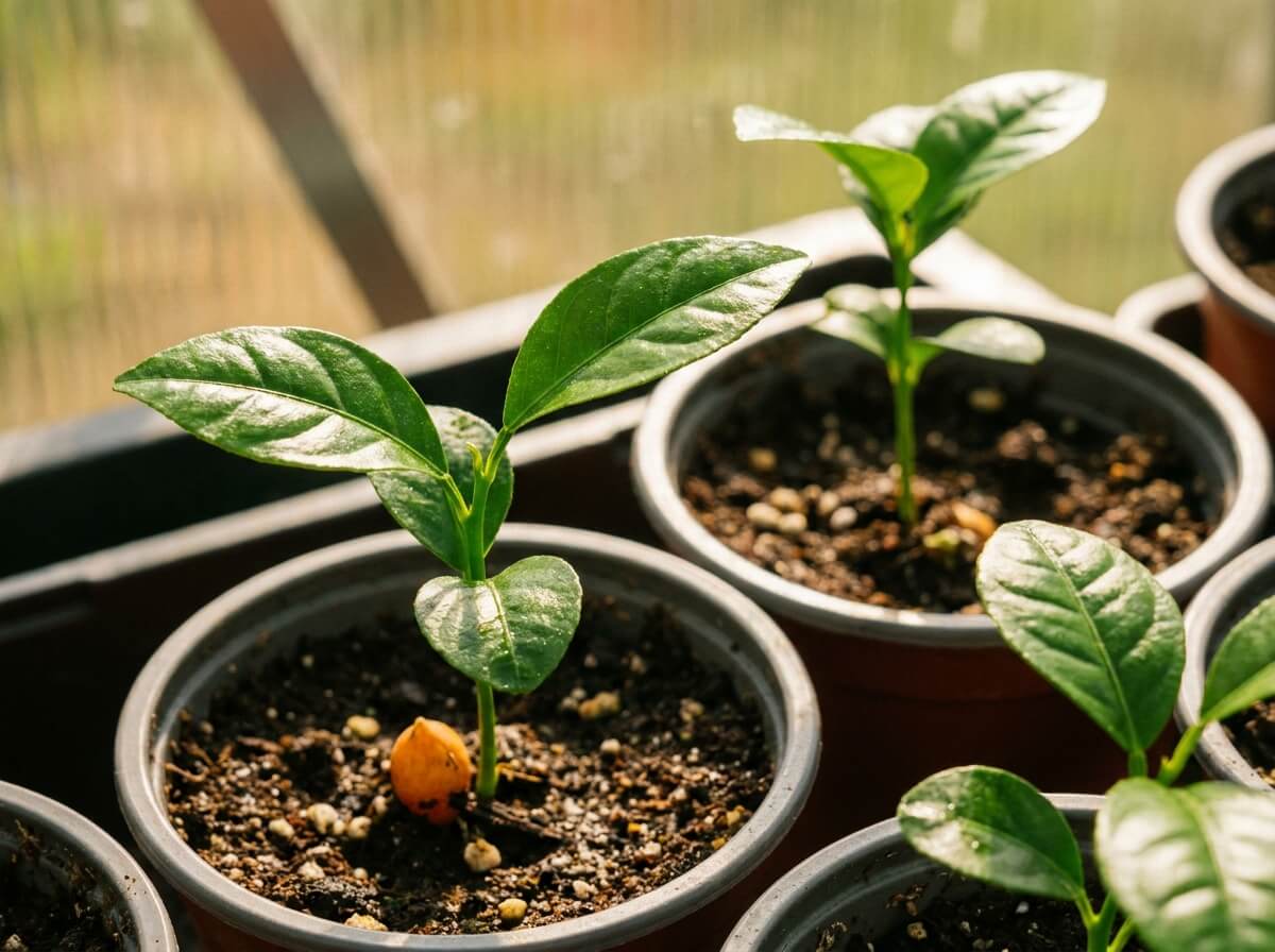 Jeunes plantules d'agrumes de trois semaines dans des godets, premières feuilles vernissées