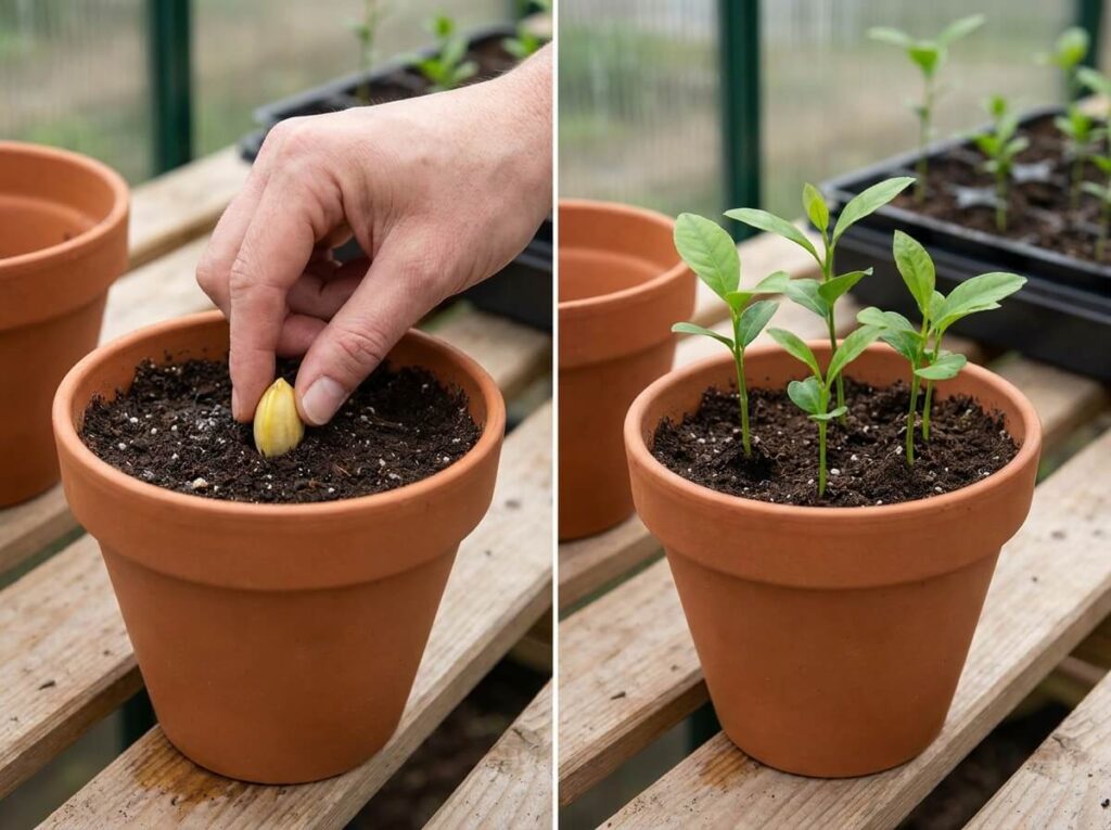 Main déposant un pépin de citron frais dans un godet de terreau humide