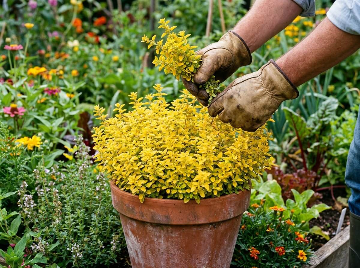 Mains cueillant des tiges de marjolaine dorée compacte au-dessus d'un pot en terre cuite