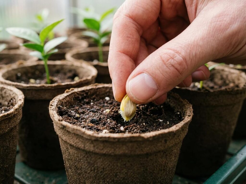 Main déposant une graine de citron fraîchement extraite dans un godet de terreau humide