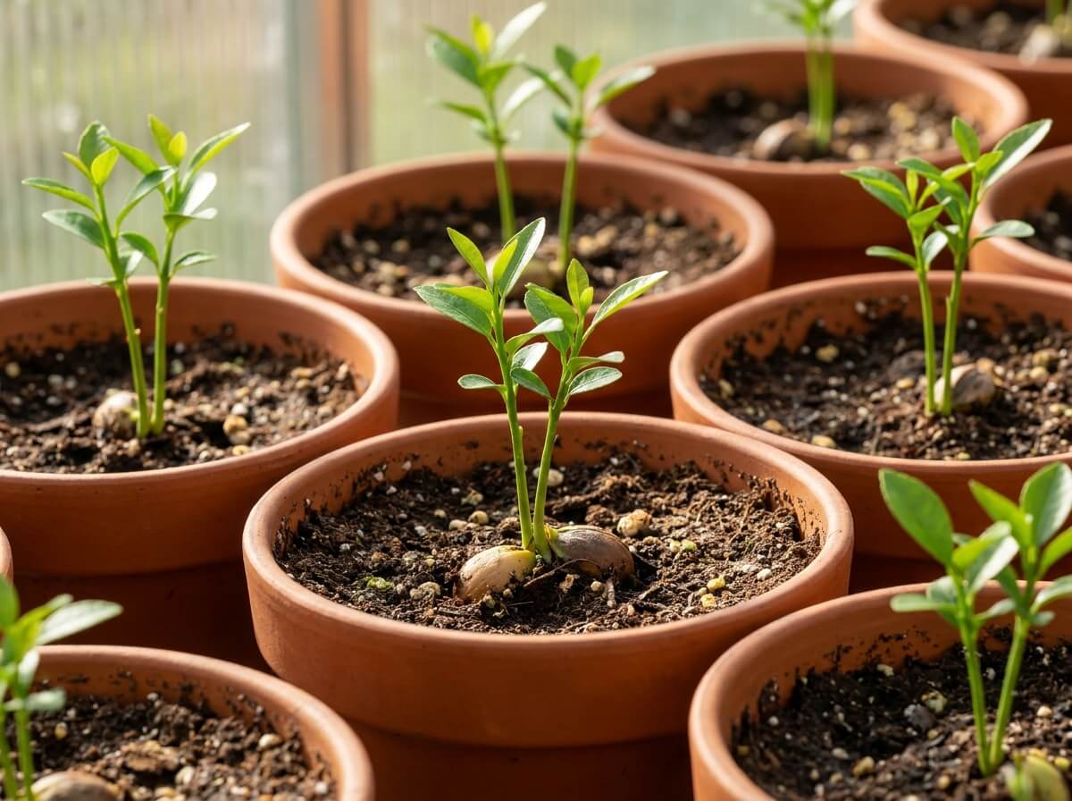 Jeunes plants d'agrumes de trois semaines avec deux tiges jumelles sortant du même semis