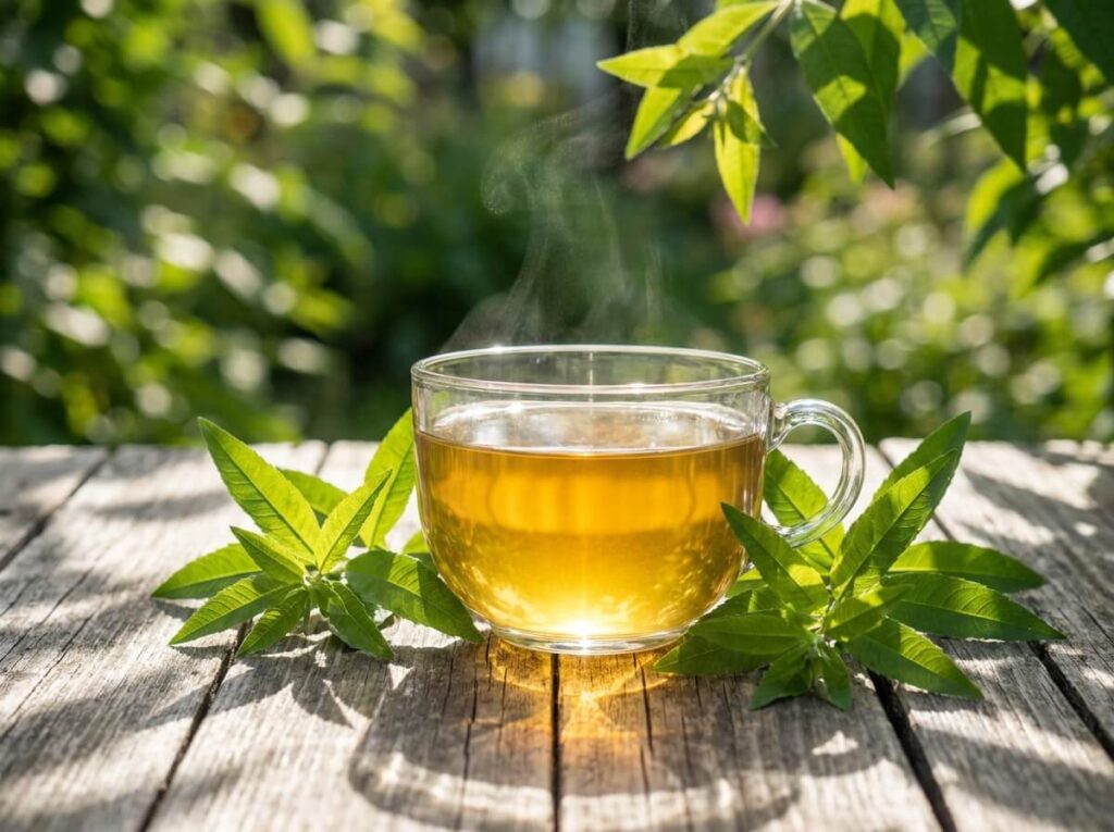 Tasse en verre de tisane de verveine officinale dorée, feuilles fraîches posées sur une table en bois ensoleillée