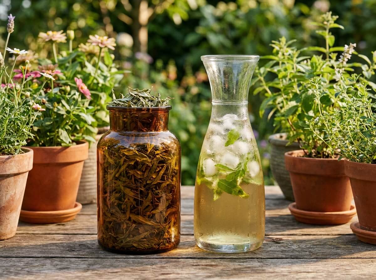 Bocal en verre rempli de feuilles de verveine séchées à côté d'une carafe d'infusion froide et de glaçons