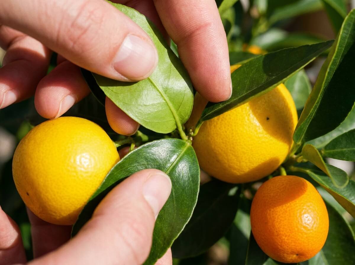 Gros plan sur une feuille d'agrume brillante et une aisselle de feuille inspectée entre deux doigts