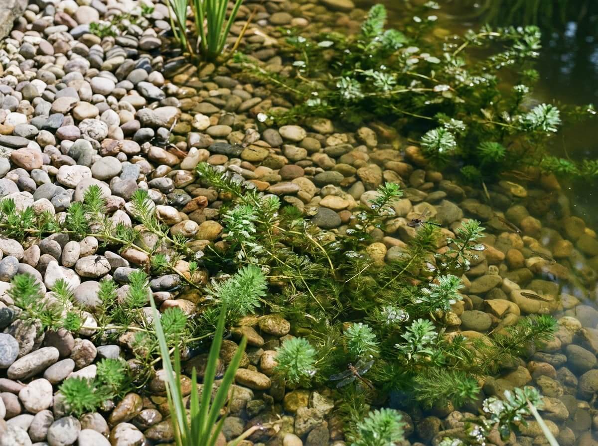 Berge en pente douce d'un bassin de jardin avec cailloux et plantes oxygénantes émergentes