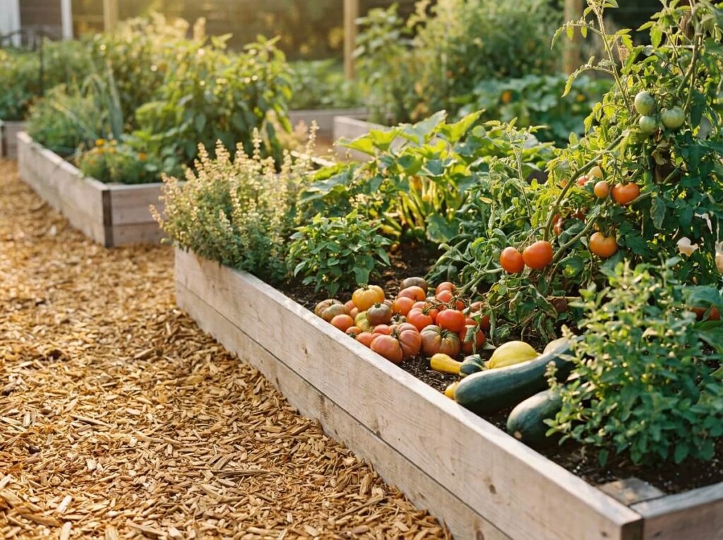 Broyat de branches fraîches étalé en couche fine sur une planche de potager ensoleillée en fin d'été