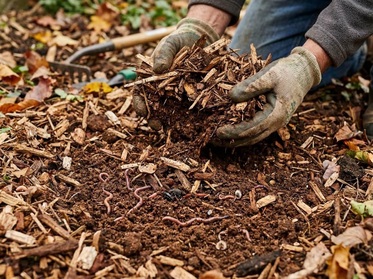 Mains de jardinier soulevant le paillage de bois pour montrer une terre brune et grumeleuse pleine de vie