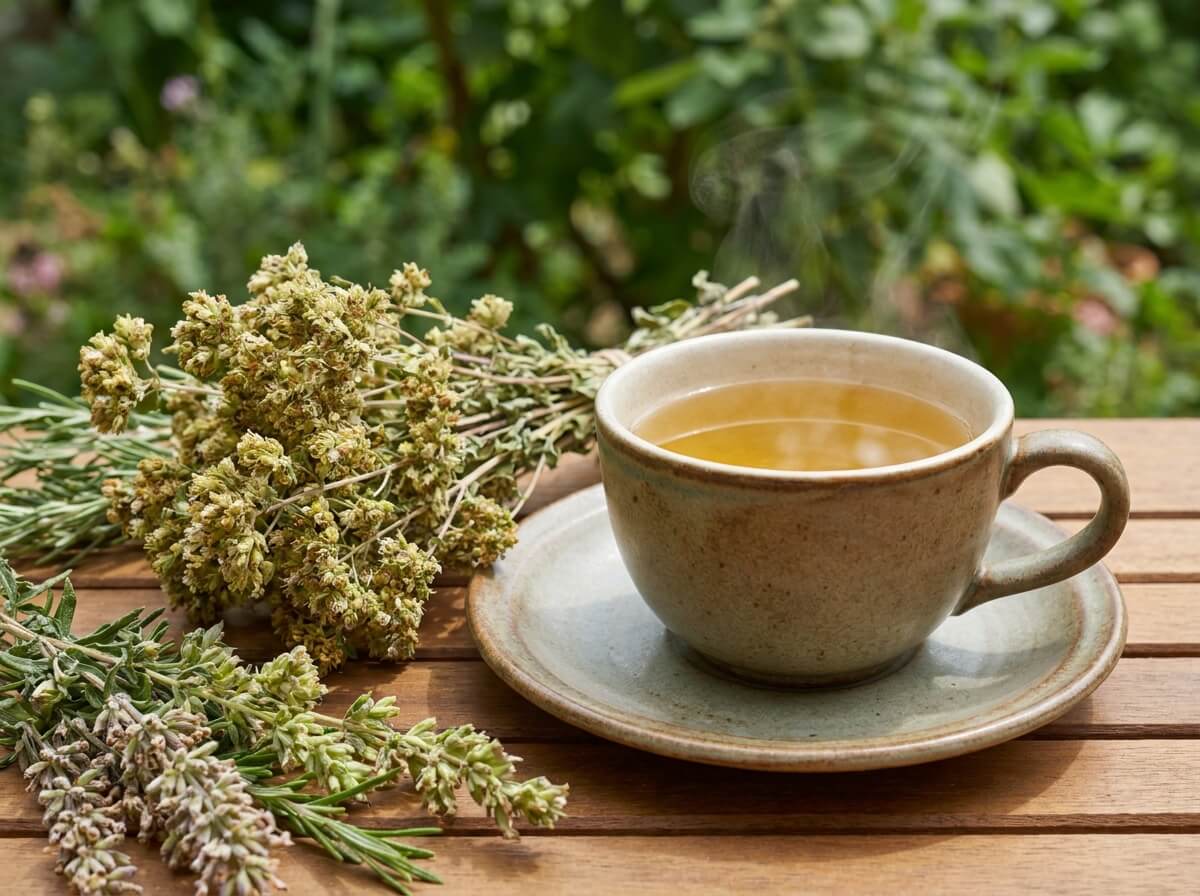 Tisane d'origan dorée dans une tasse couverte d'une soucoupe, fleurs séchées à côté