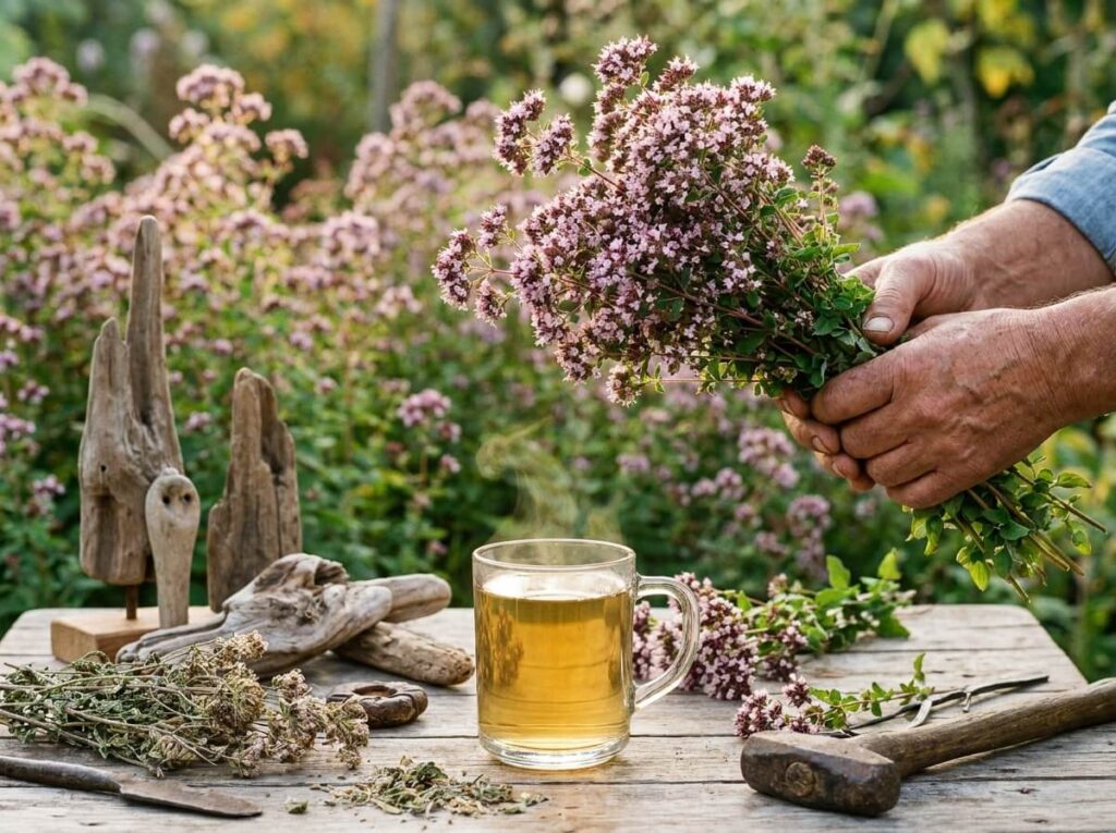 Mains tenant un bouquet de sommités fleuries d'origan rose-mauve au-dessus d'une tasse en verre