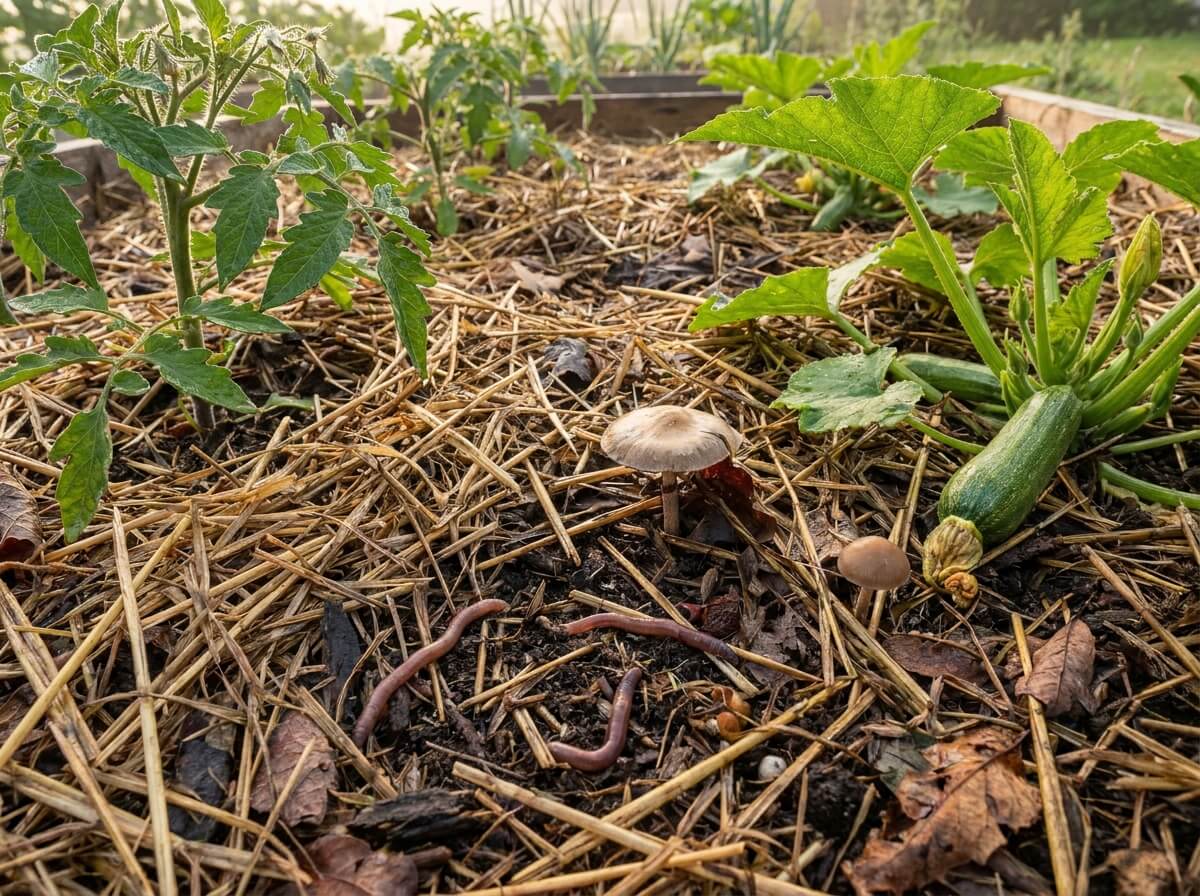 Sol de potager recouvert d'un paillage épais et humide au petit matin