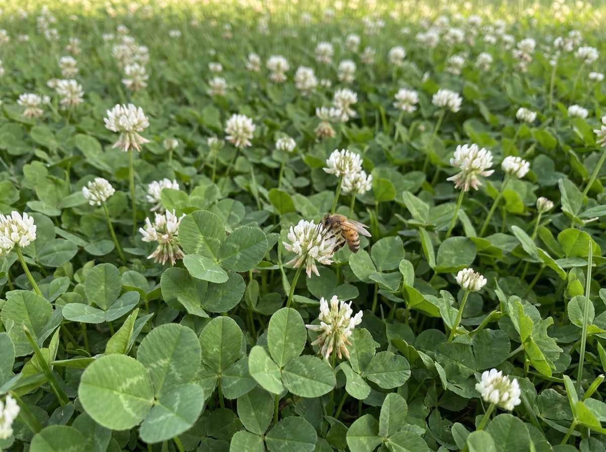 Pelouse de trèfle blanc en fleurs, alternative au gazon qui reste verte en été