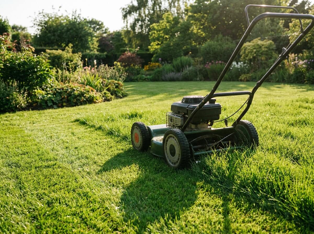 Tondeuse réglée haut sur une pelouse dense, la coupe haute protège le sol de l'évaporation