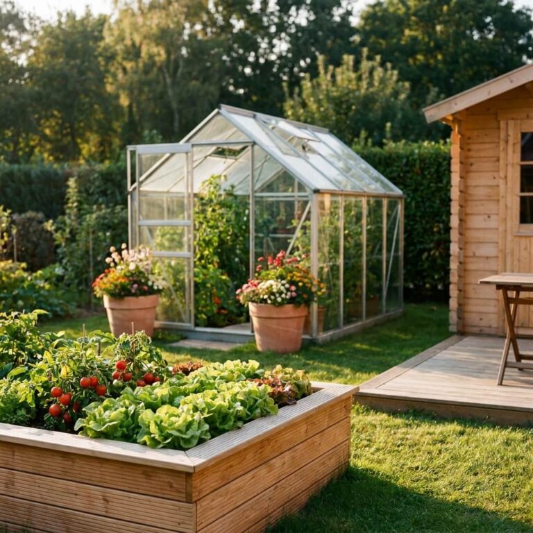 Carre potager au premier plan, serre de jardin, pots en terre cuite et abri en bois au soleil bas