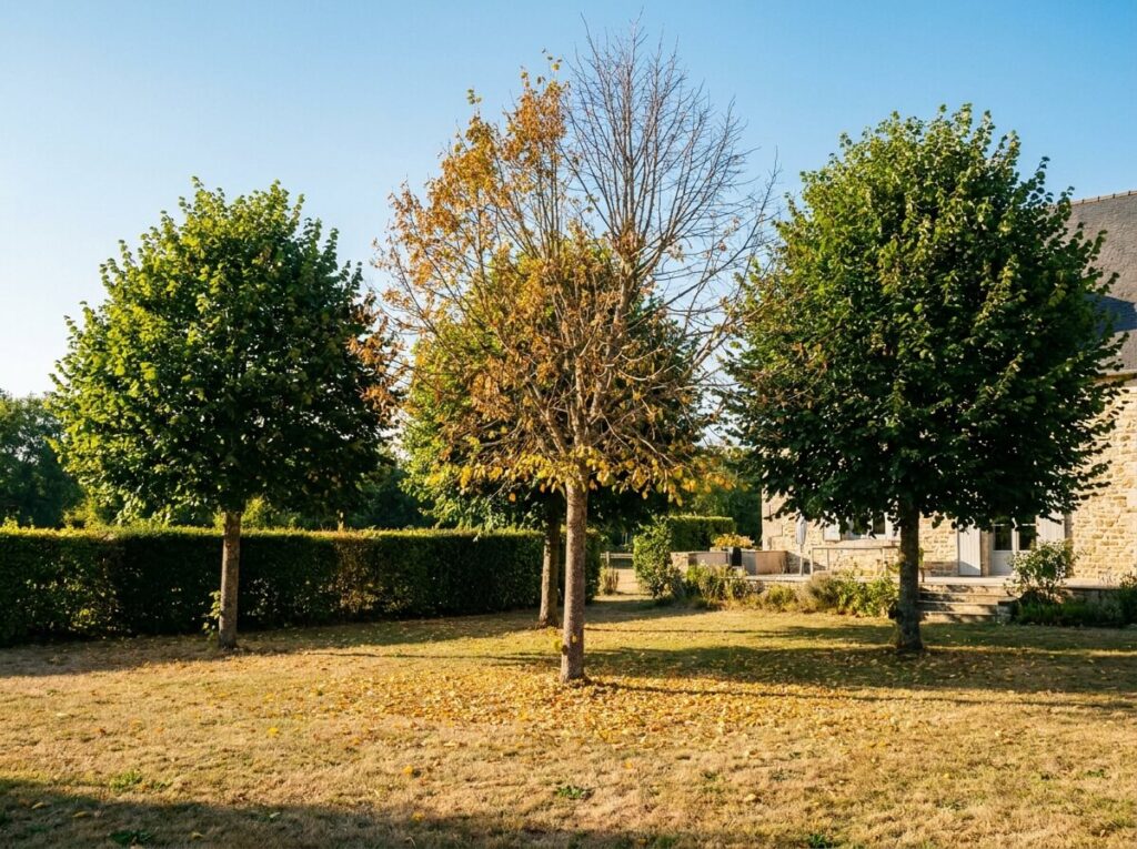 Arbres verts dans un jardin en plein ete dont un seul est jauni et partiellement denude