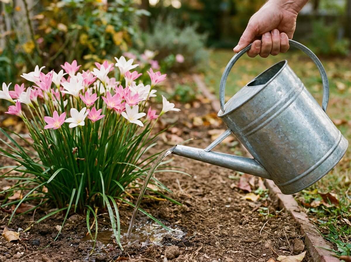 Main versant l'eau au goulot au pied d'une touffe de lis des pluies