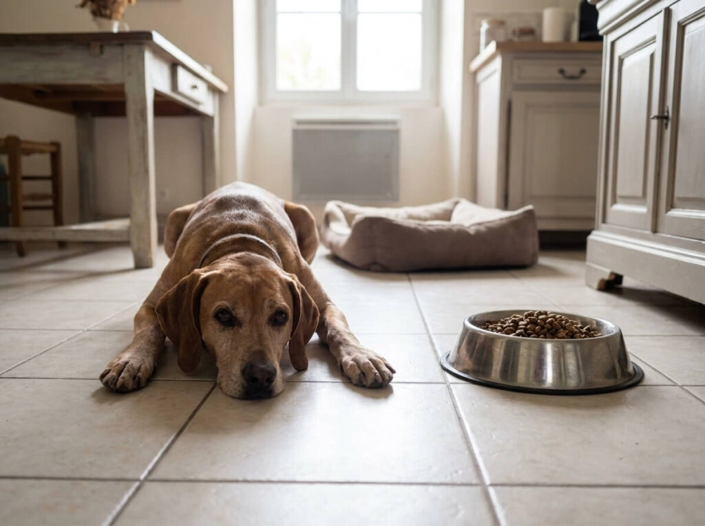 Chien couché à plat sur un carrelage frais, oreilles basses, devant sa gamelle de croquettes intacte