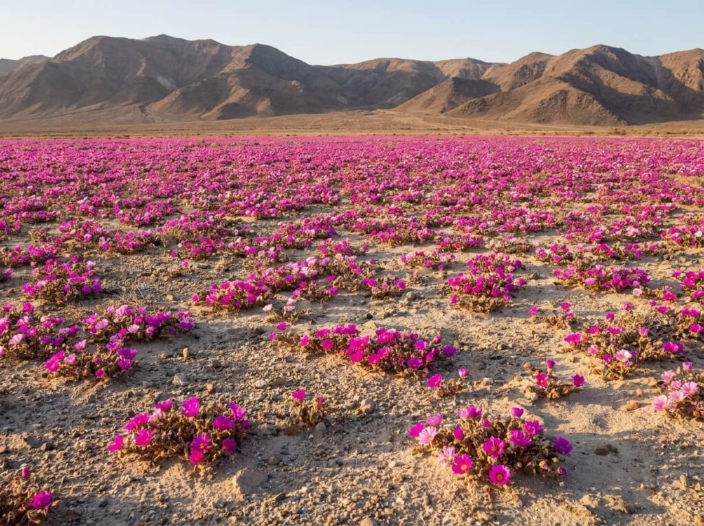 Desert d'Atacama couvert d'un tapis de fleurs magenta