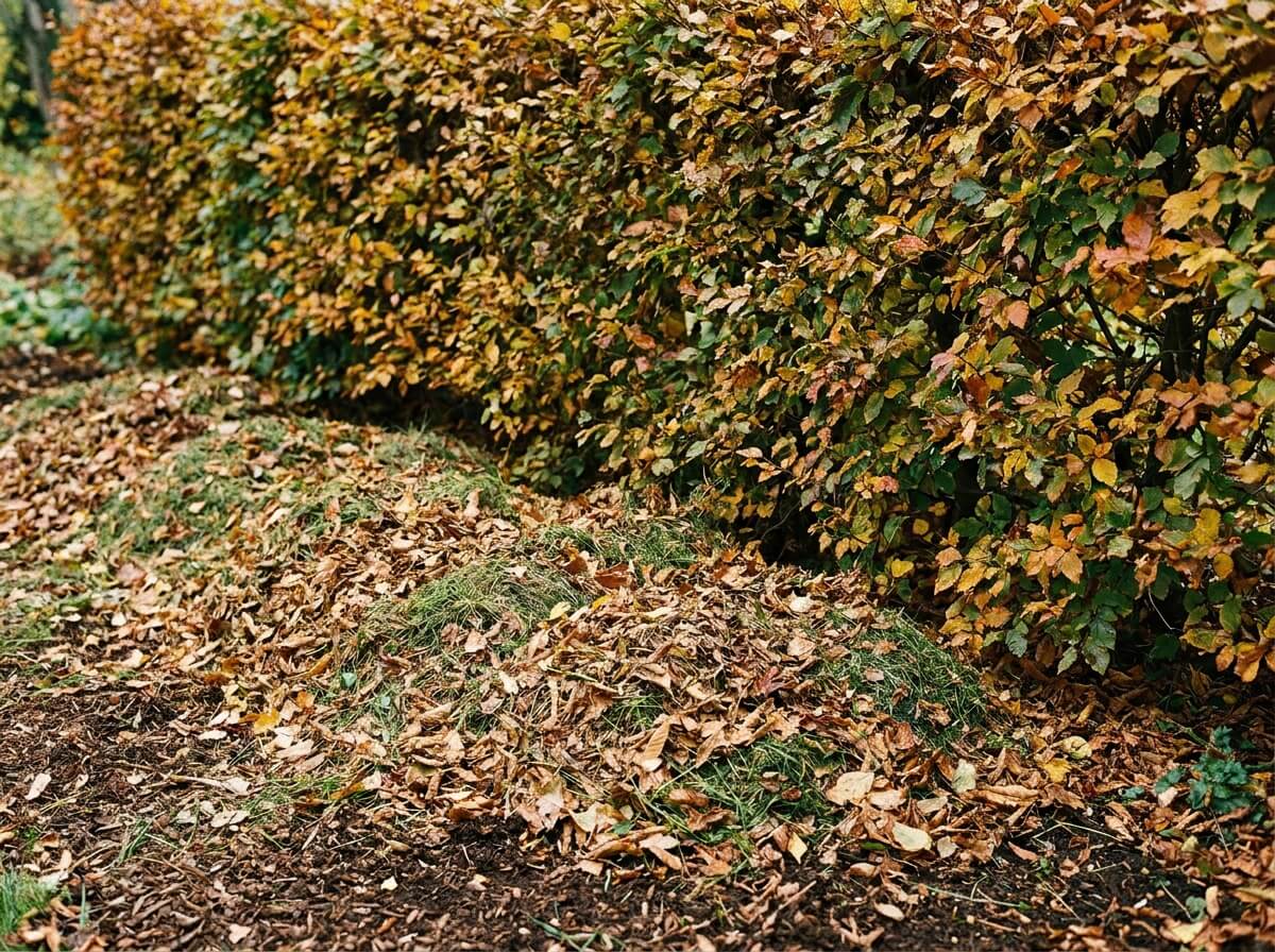 Couche de feuilles mortes broyées étalée au pied d'une haie en automne