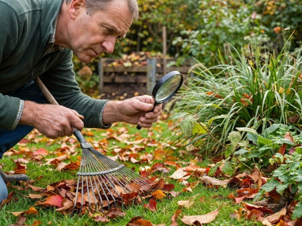 Main de jardinier ramassant des feuilles mortes au râteau sur une pelouse en automne
