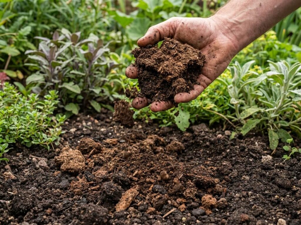 Main de jardinier tenant une motte de terre brune friable qui s'émiette au-dessus d'un massif