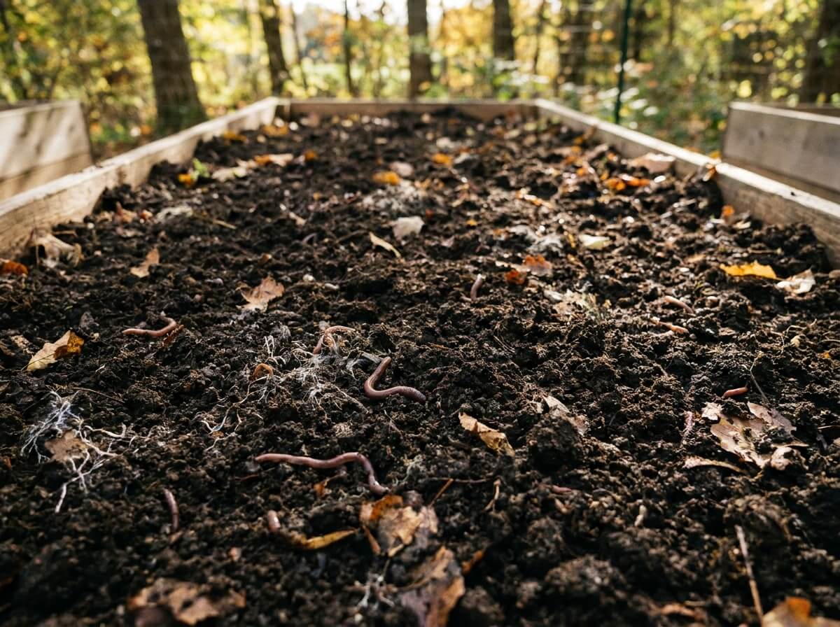 Couche de compost mûr sombre étalée en surface sur une planche de potager en automne