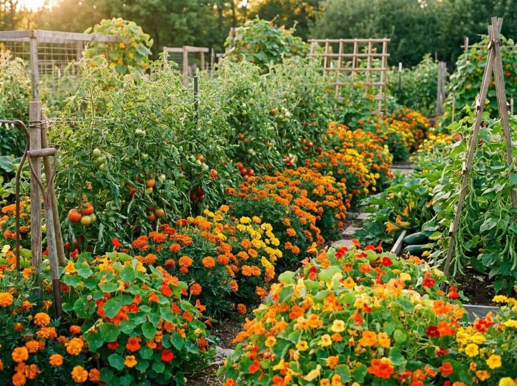 Rangs de tomates bordés d'œillets d'Inde orange vif et de capucines fleuries au potager