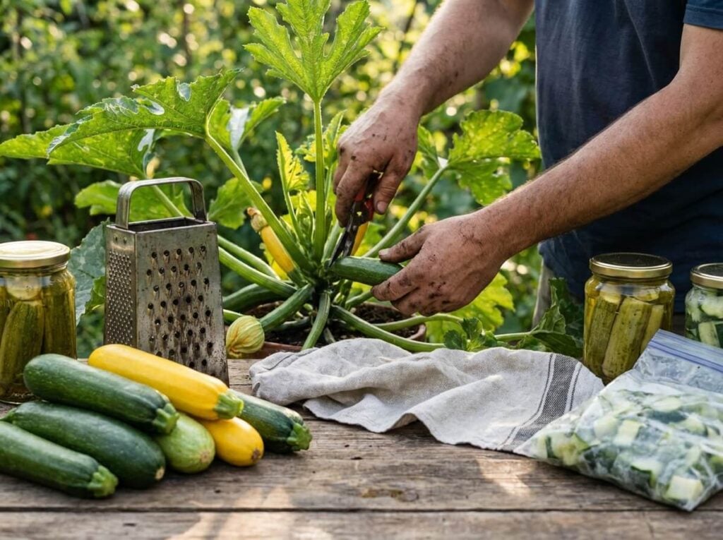 Courgettes vertes et jaunes, bocaux et sachet de congélation sur une table de jardin, à côté d'un plant de courgette