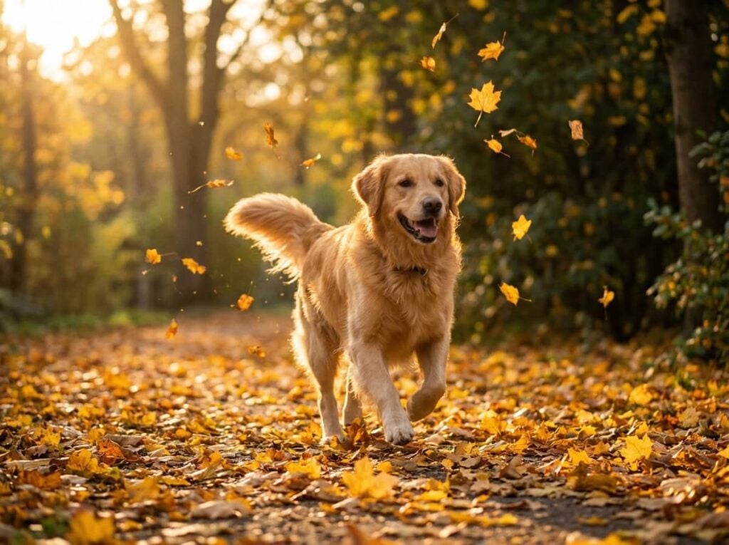 Chien golden retriever trottant joyeusement sur un chemin couvert de feuilles dorées au petit matin