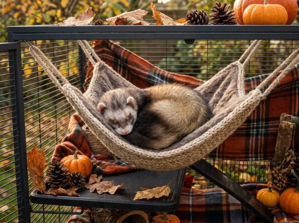 Furet au pelage dense installé dans un hamac douillet à l'intérieur d'une cage aménagée pour l'automne